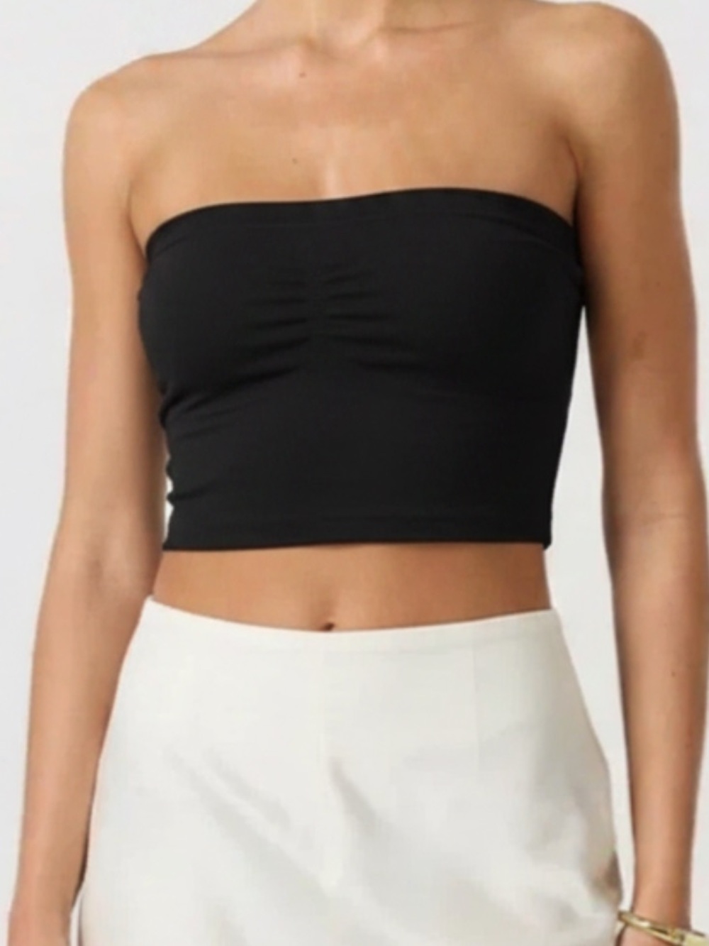 Black Scrunched Ruched Bust Rib Knit Convertible Tube Top Cropped Stretch Small